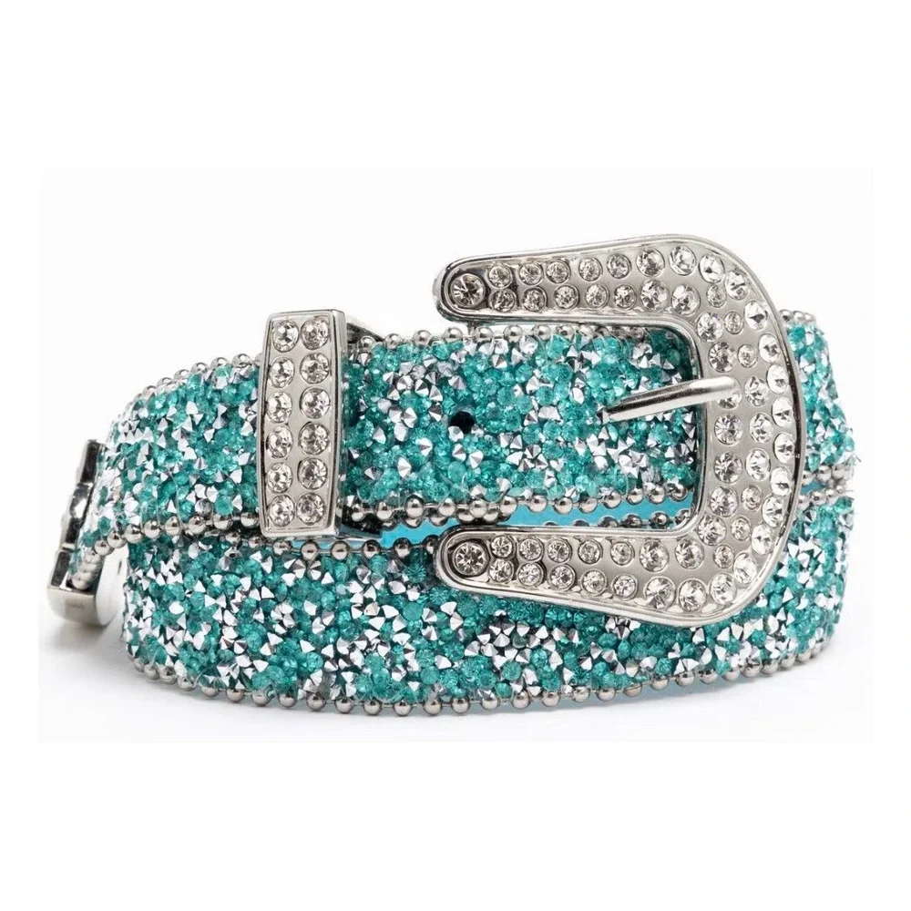 SHYANNE GIRLS' SHIMMER GLITZ Teal Rhinestone Western Genuine Leather Belt Sz 24